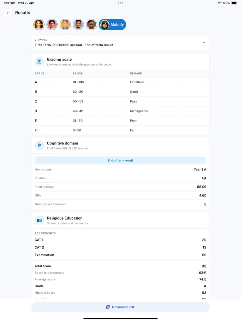 The Minerva parent app on iPad — a child’s results